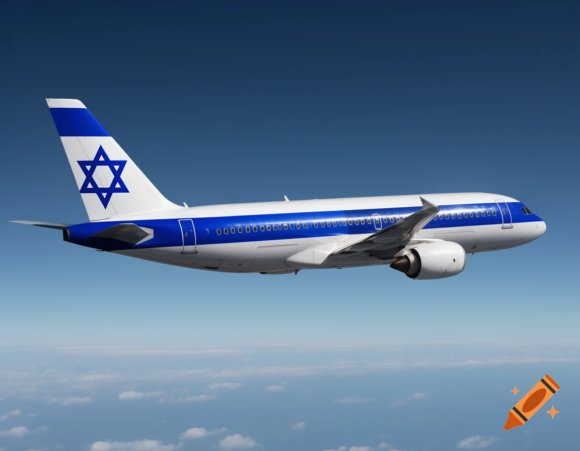 Photorealistic image of a passenger airplane painted with the blue and white Israeli flag and Star of David on its tail, flying in a clear blue sky above clouds.