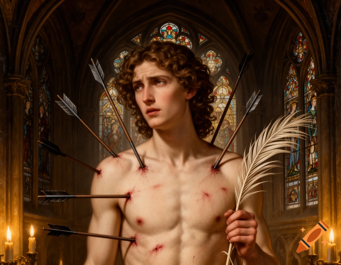 Classical painting of a young man, Saint Sebastian, pierced with arrows, holding a palm frond in a gothic church.