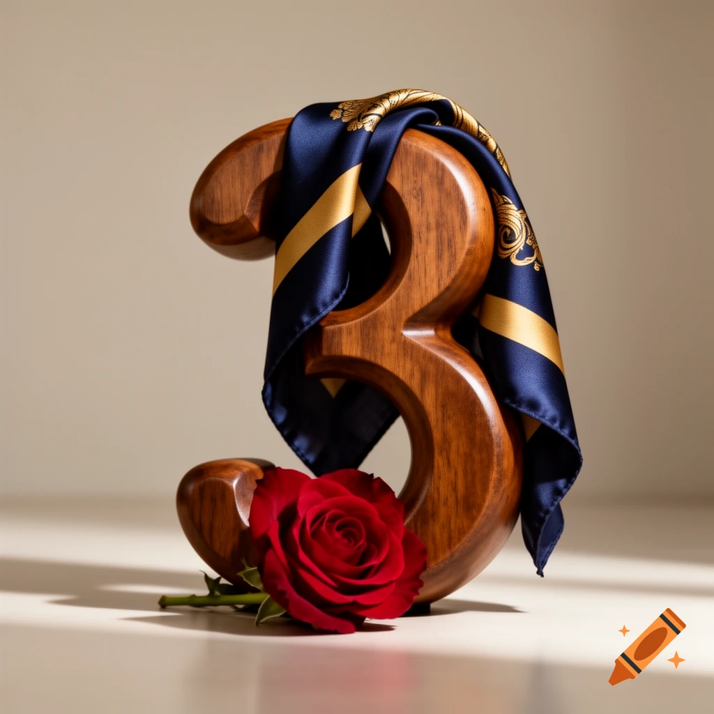 A stylized wooden number three is draped with a dark blue and gold silk scarf, next to a vibrant red rose on a cream surface.