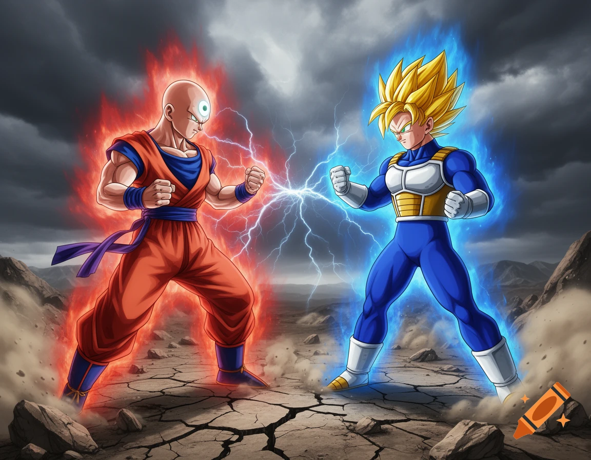 Anime battle featuring Tien Shinhan with a red aura and Super Saiyan Vegeta with a blue aura, facing off on cracked earth.