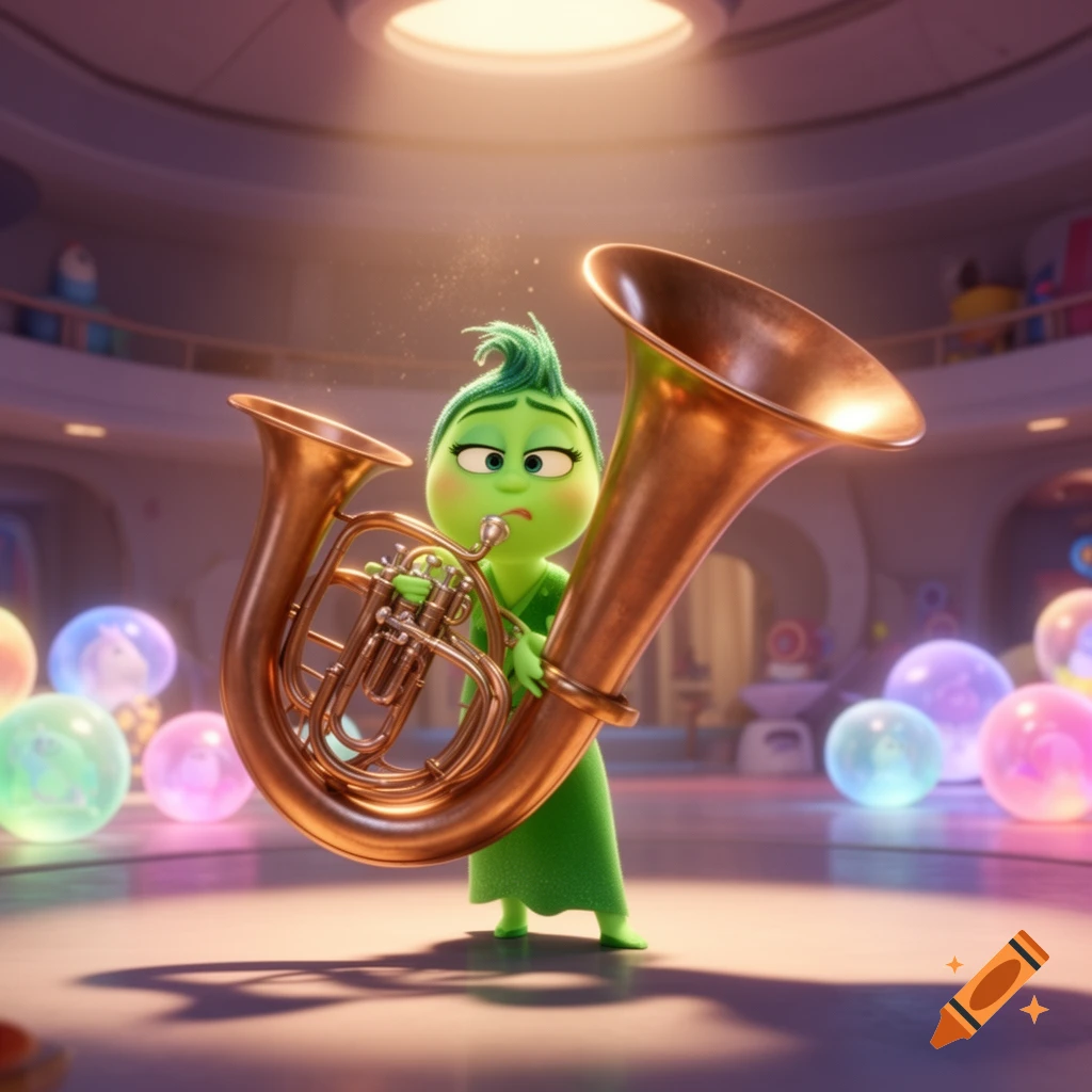 The green character Disgust from Inside Out plays a large bronze tuba in a brightly lit room.