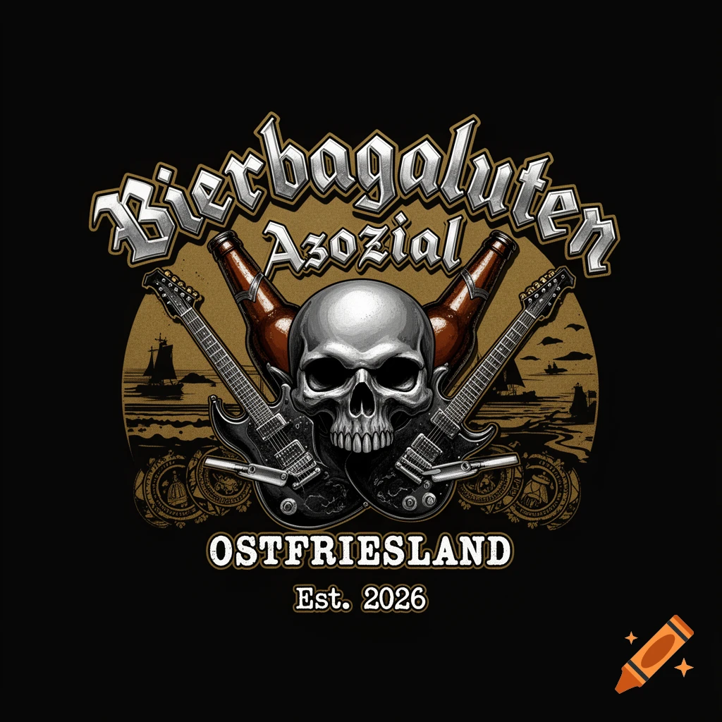 A heavy metal style logo featuring a grey skull, crossed electric guitars, and two beer bottles, with text 'Bierbagaluten Asozial', 'OSTFRIESLAND', and 'Est. 2026'.
