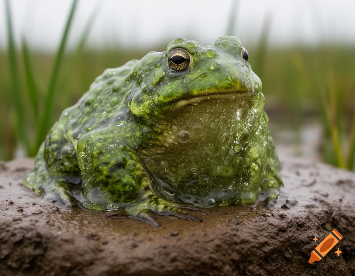 A close-up, photorealistic shot of a wet green frog with prominent eyes, sitting on a muddy rock with blurred green foliage in the background.