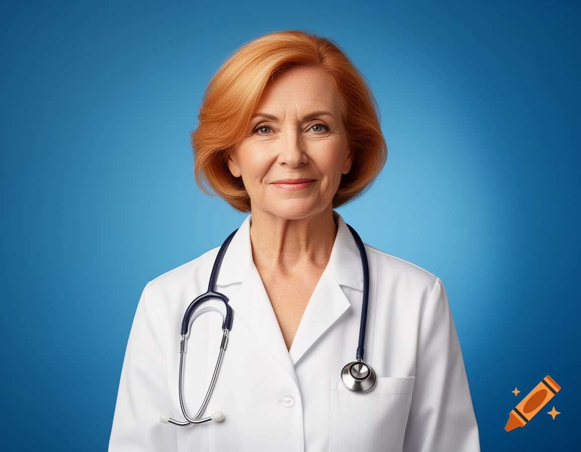 A smiling older female doctor with red-blonde hair, wearing a white lab coat and a stethoscope, against a blue background.