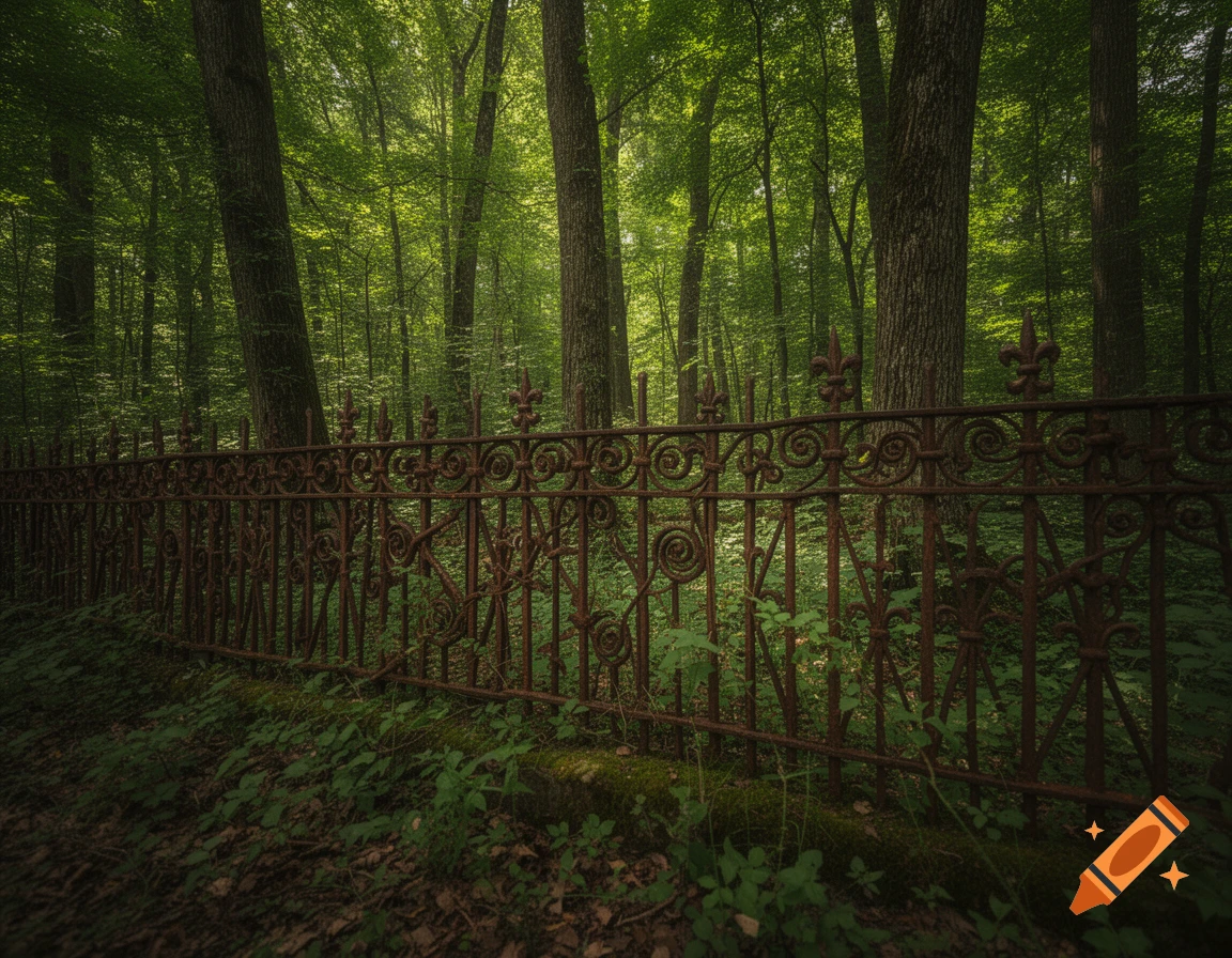 A rusty, ornate wrought iron fence curves through a lush, green forest ...