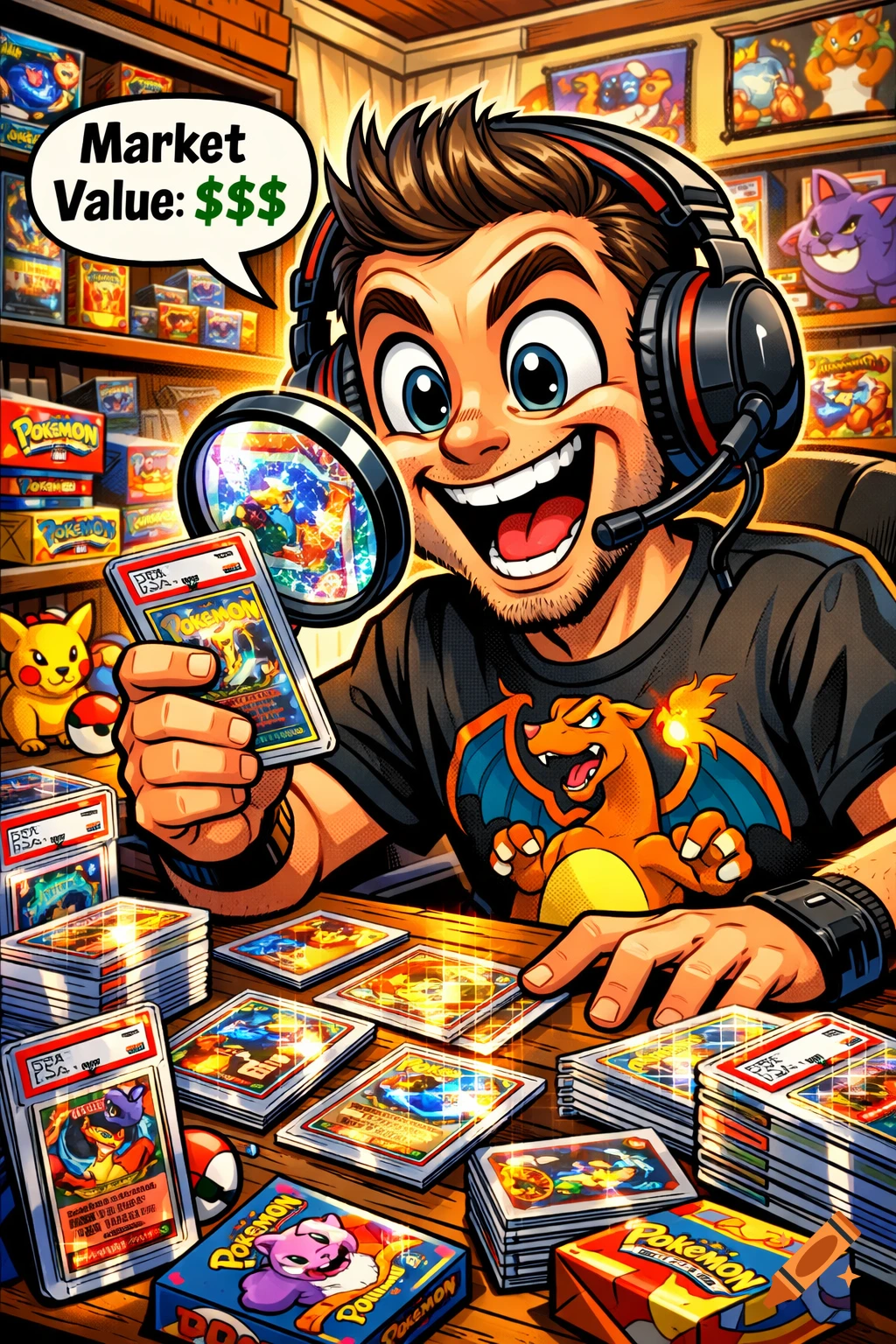 A cartoon man with a gaming headset and Charizard shirt excitedly examines a Pokemon card through a magnifying glass, surrounded by stacks of cards and boxes. A speech bubble says "Market Value: $$$".