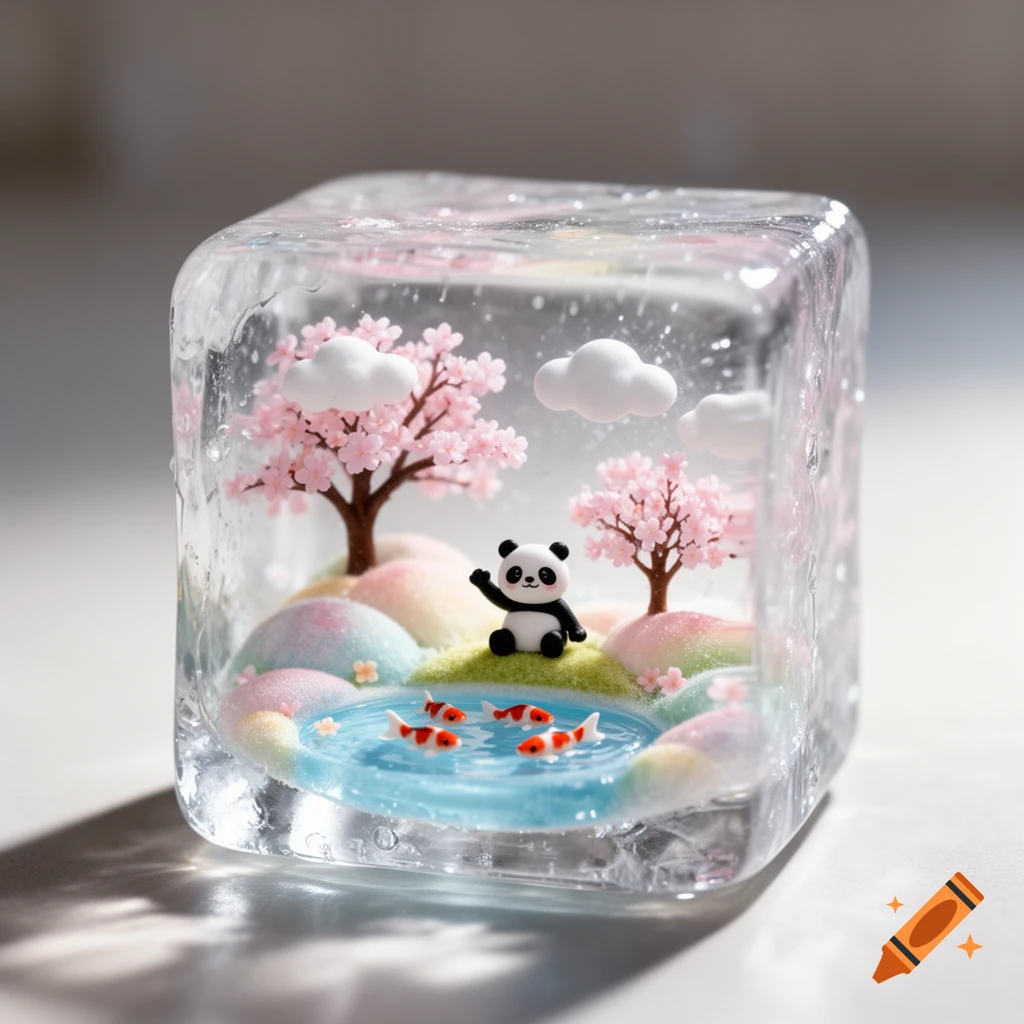 A cute miniature world inside a clear ice cube, featuring a panda, pink cherry blossom trees, white clouds, and koi fish swimming in a pond.