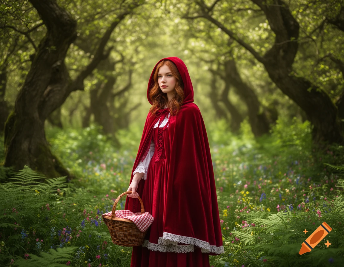 A young woman with red hair, dressed as Little Red Riding Hood in a red cape, stands in a lush green forest, holding a basket.
