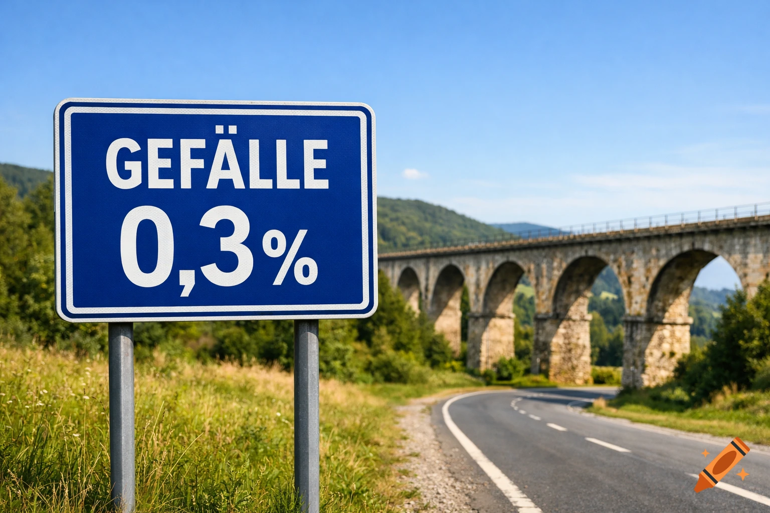 Blue road sign "GEFÄLLE 0,3%" next to a curving road with a stone arched bridge and green hills in the background, photorealistic.