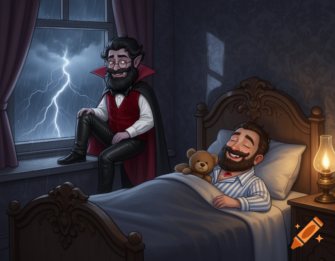 Children's illustration of a friendly bearded vampire on a window sill during a stormy night, looking at a sleeping man with a teddy bear in a Victorian bedroom.