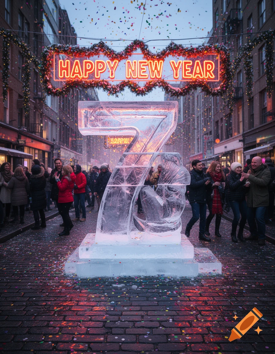 A New Year's celebration on a street with a large ice sculpture of the number 7, a neon 'HAPPY NEW YEAR' sign, and falling confetti.