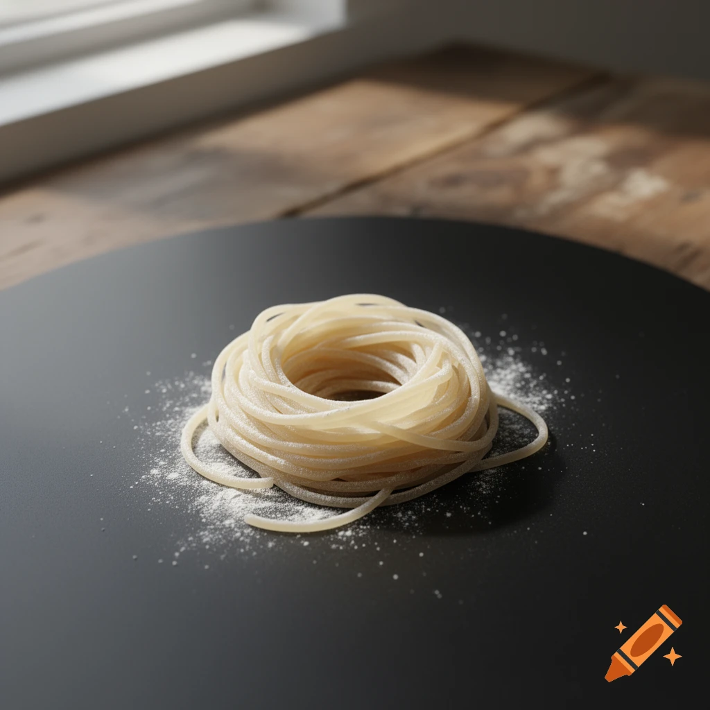 A neat bundle of raw spaghetti pasta dusted with flour sits on a dark grey surface, with a blurred wooden background and window light.
