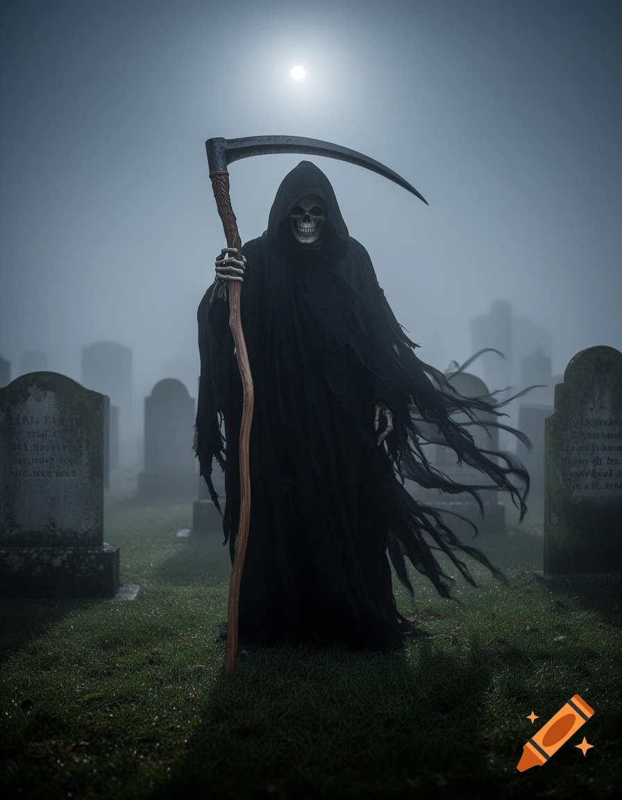 The Grim Reaper stands holding a scythe in a foggy graveyard under a full moon.