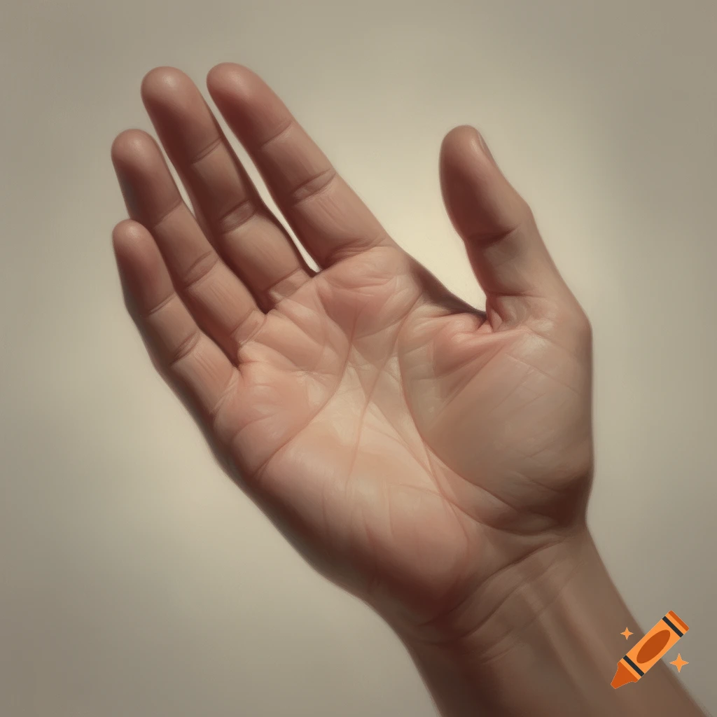 Detailed, realistic drawing of a human hand with palm up, against a plain light background.
