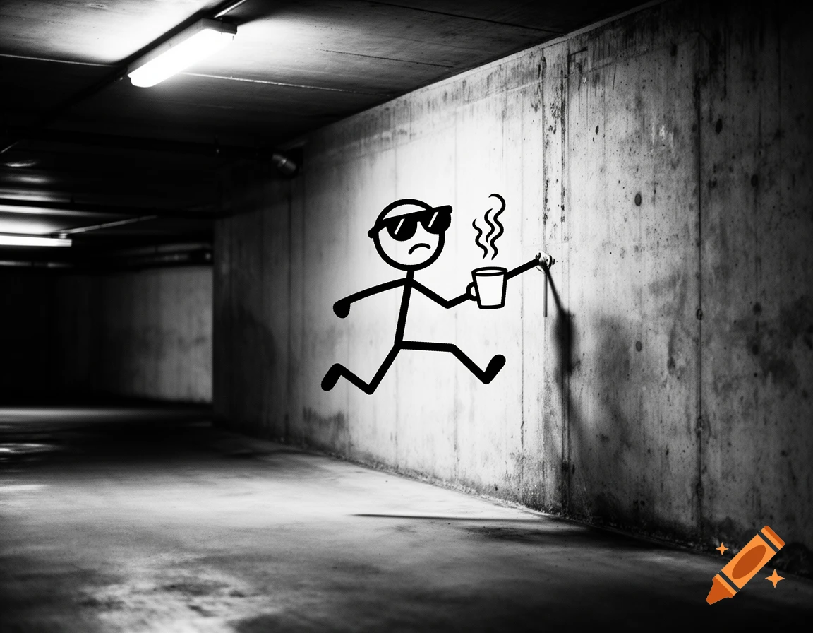 A black and white image of a stickman with sunglasses, holding a steaming coffee cup, running and kicking a concrete wall in a dark basement.