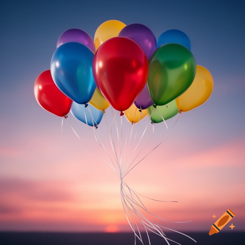 A vibrant cluster of red, blue, green, purple, and yellow balloons floats against a gradient blue and pink sunset sky.