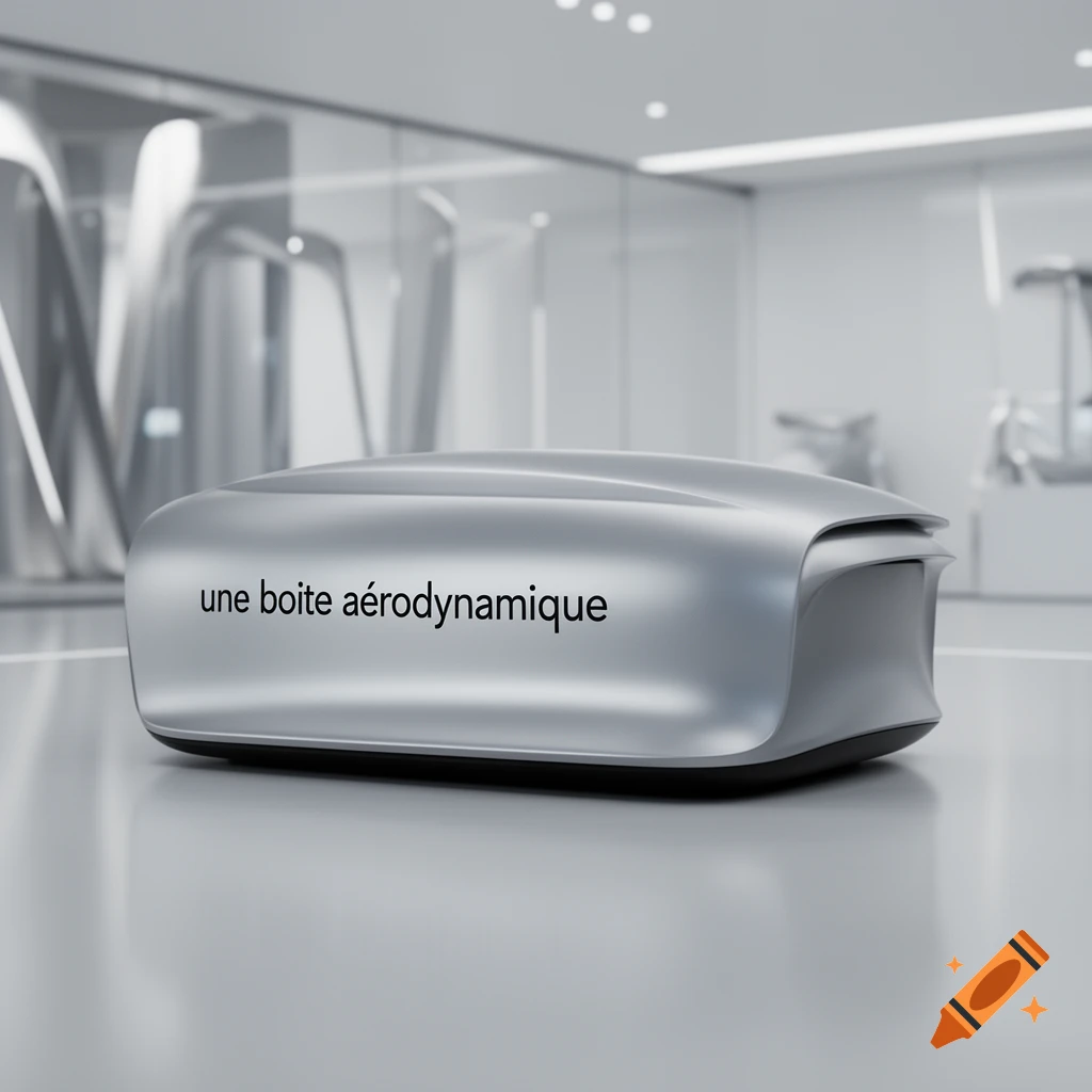 A photorealistic image of a sleek, silver, aerodynamic box sitting in a modern, minimalist room.