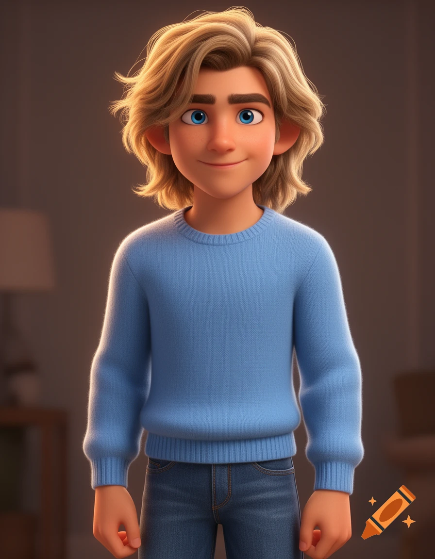 A smiling young animated man in Pixar style with blonde hair, blue eyes, wearing a blue sweater and jeans.