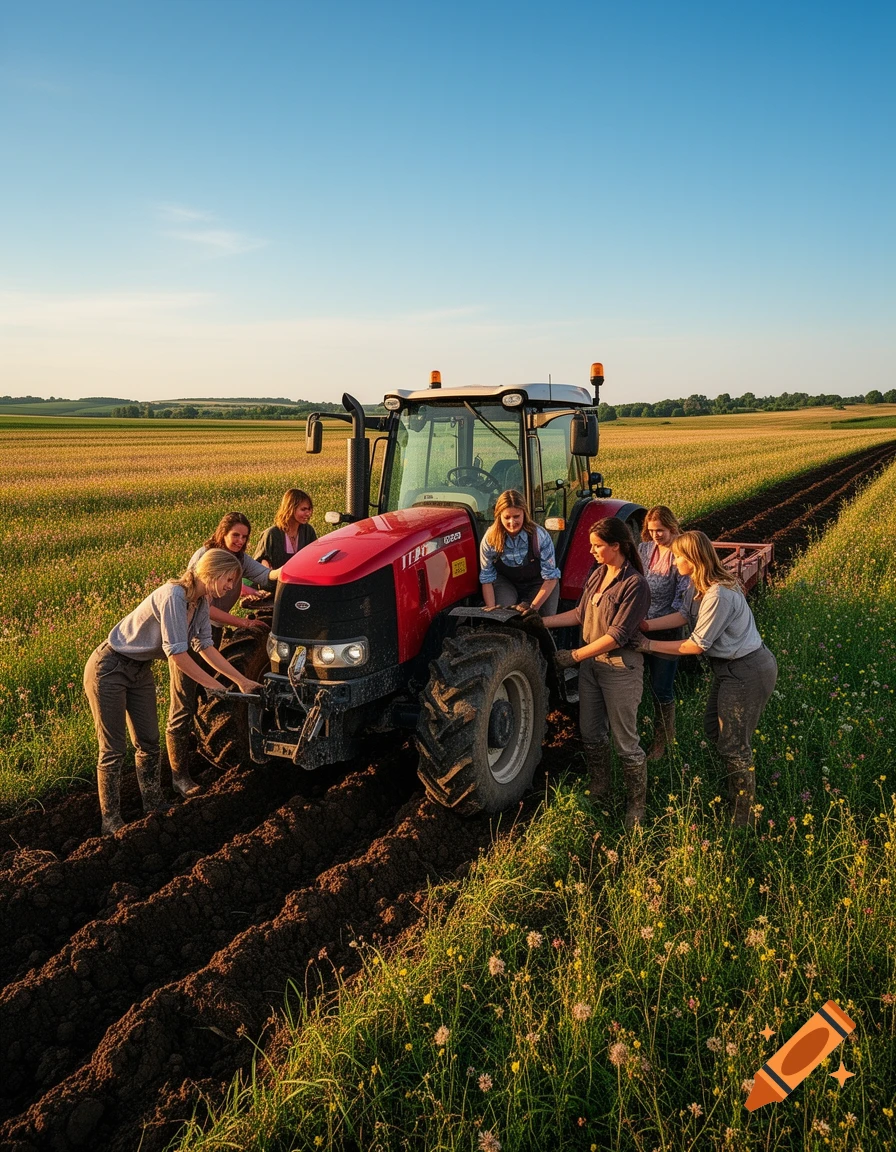 Several women gather around a red tractor in a sunny farm field with tilled soil.