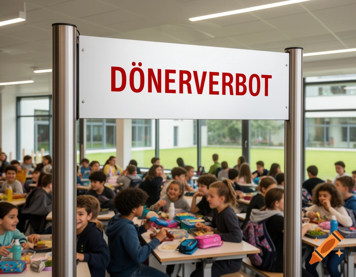Photorealistic image of children eating in a brightly lit school cafeteria, with a prominent sign in the foreground reading "DÖNERVERBOT".