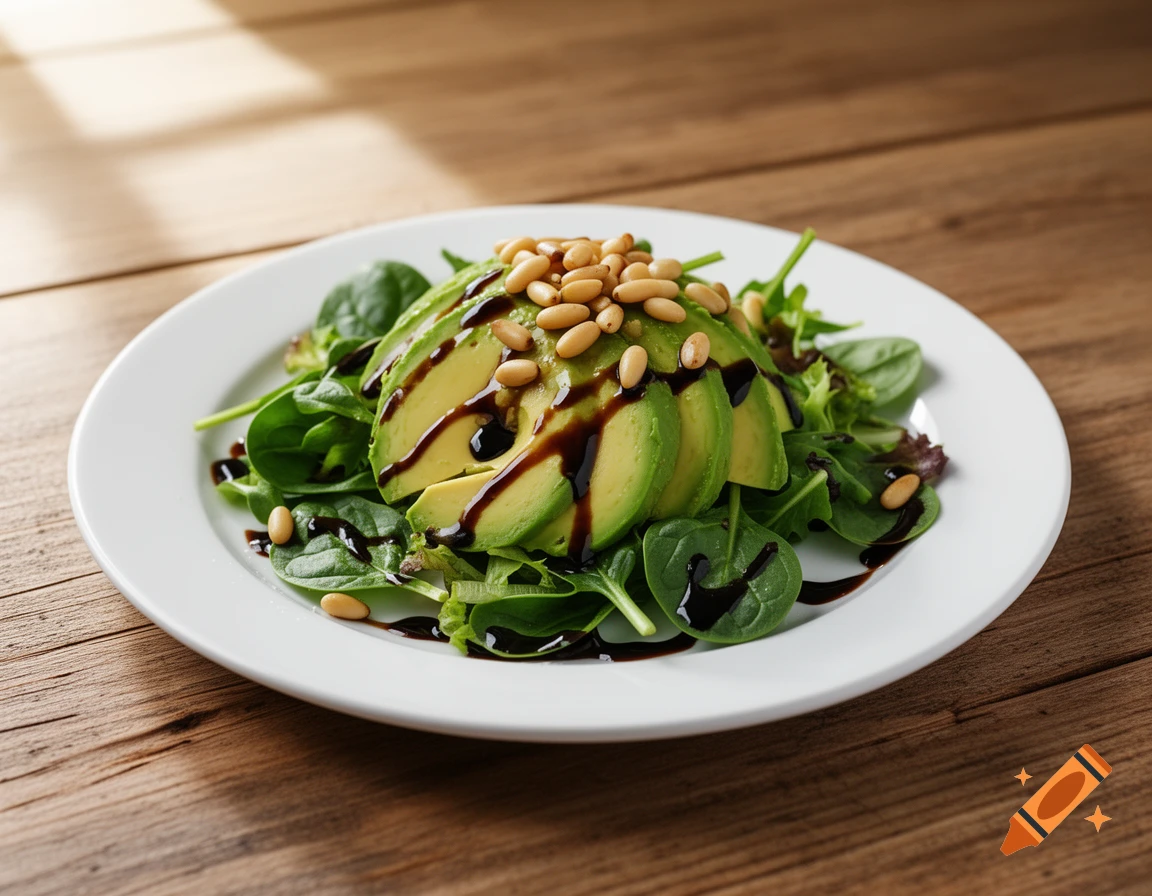 A close-up of a fresh salad with sliced avocado, pine nuts, and balsamic glaze on a white plate, on a wooden table.