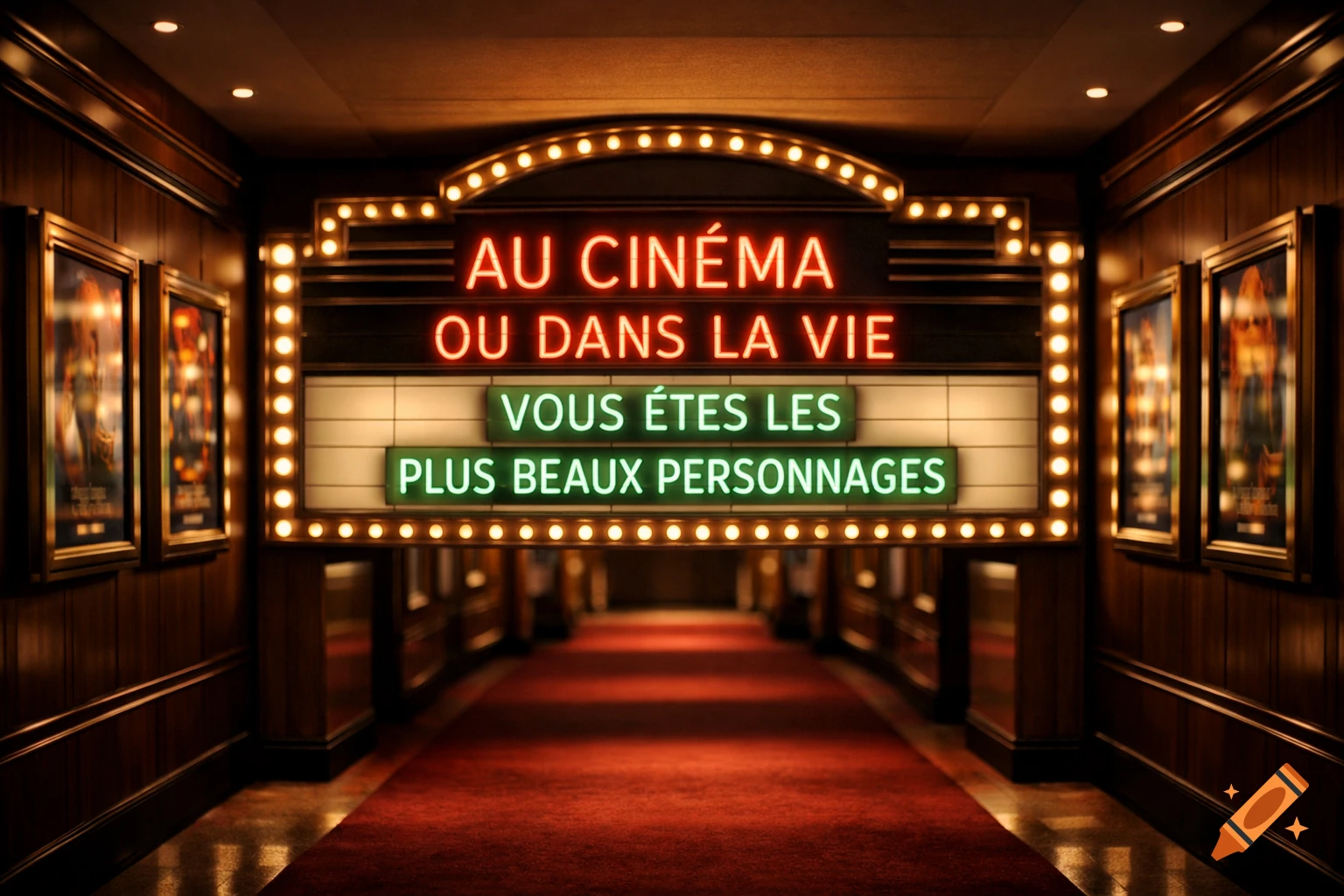 A cinematic hall entrance with a red carpet and a neon marquee sign reading 'Au cinéma ou dans la vie, vous êtes les plus beaux personnages'.