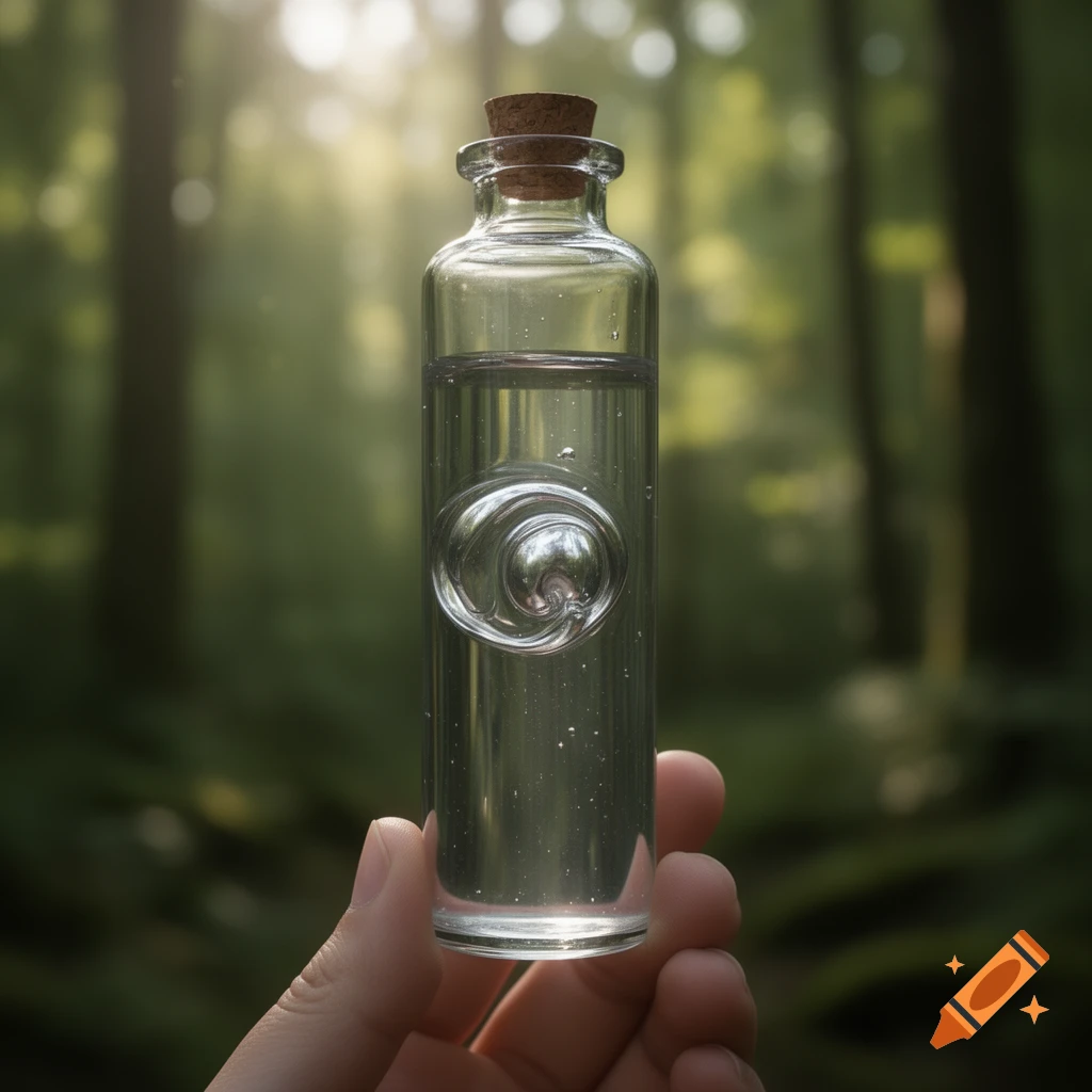 A hand holds a clear glass potion bottle with a cork stopper and shimmering liquid, against a blurry forest background.