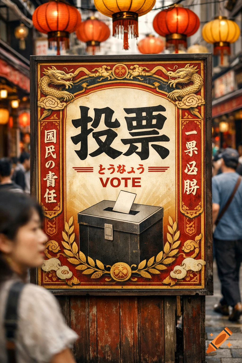 A vintage Japanese voting poster in a bustling street, featuring a ballot box, golden dragons, and red lanterns.