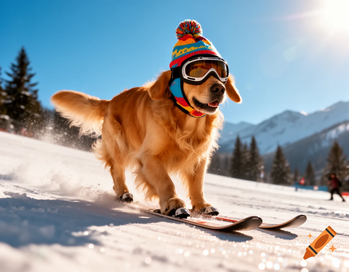A golden retriever dog wearing a colorful knitted hat and ski goggles, skiing down a snowy mountain.
