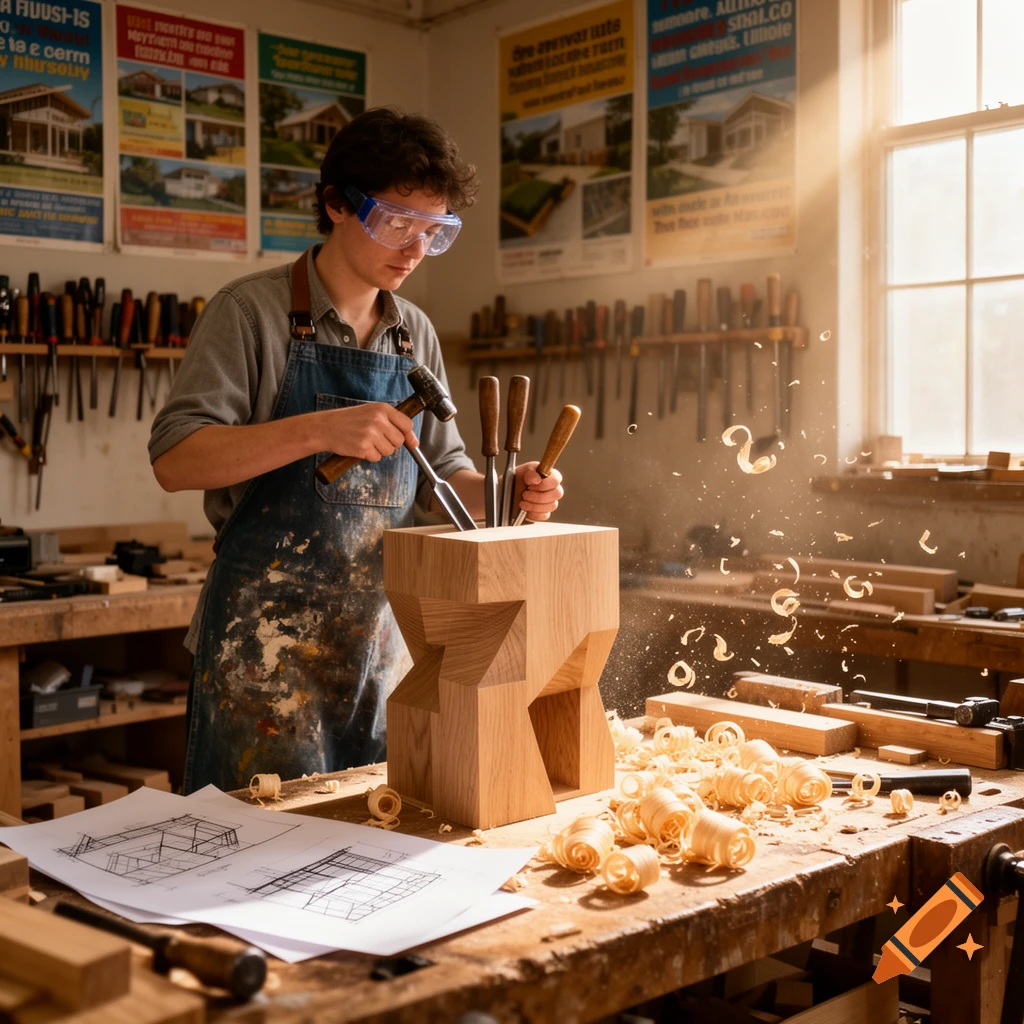 A person in safety glasses and an apron using a hammer and chisel to carve a wooden stool in a sunlit workshop, with wood shavings scattered around.