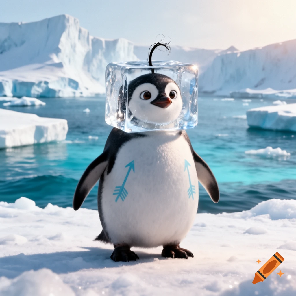 A cute baby penguin with an ice cube for a head and blue arrow markings on its belly stands on snow in Antarctica.