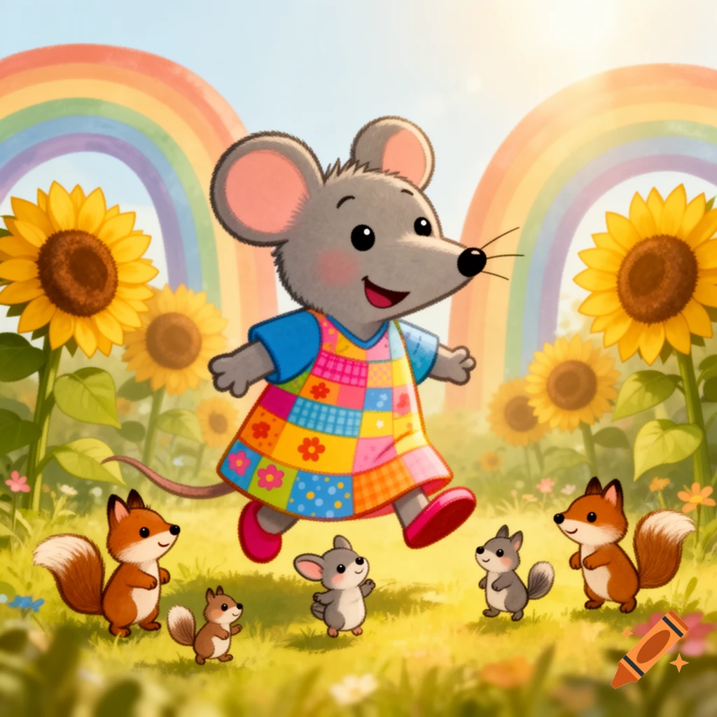 A large cheerful cartoon mouse in a colorful dress skips with small animal friends through a sunny field with sunflowers and rainbows.