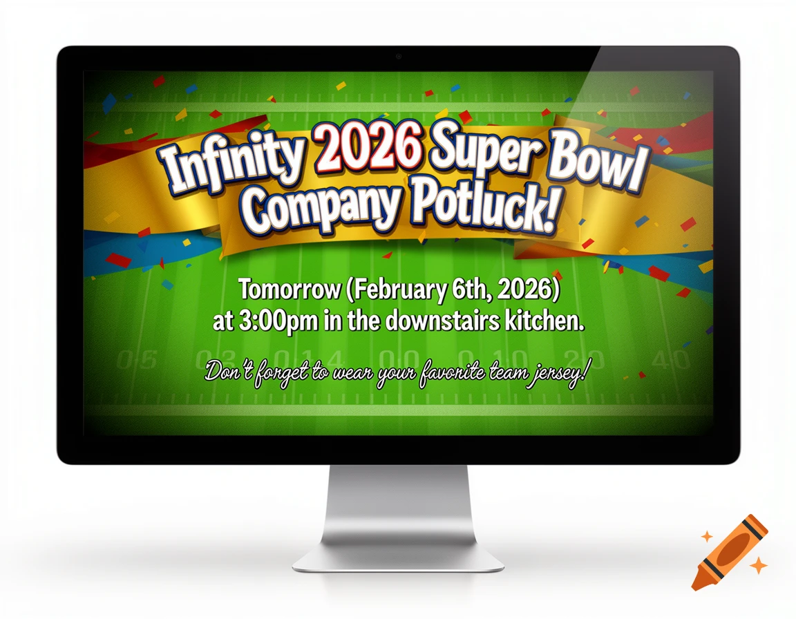 A computer monitor shows an invitation for a 'Super Bowl Company Potluck' with event details and a football field background.