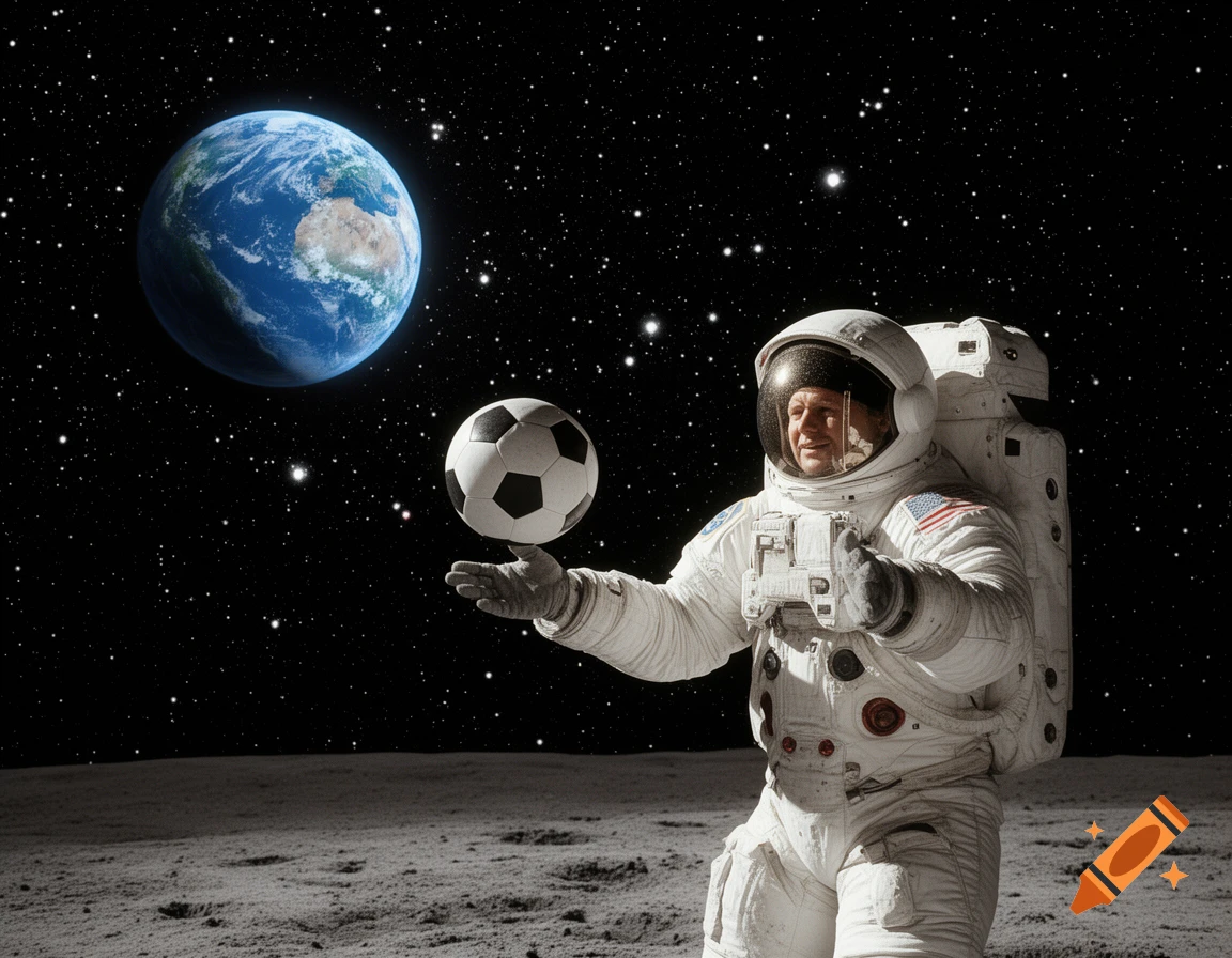 Photorealistic image of an astronaut in a white suit juggling a soccer ball on the moon, with Earth and stars in the background.