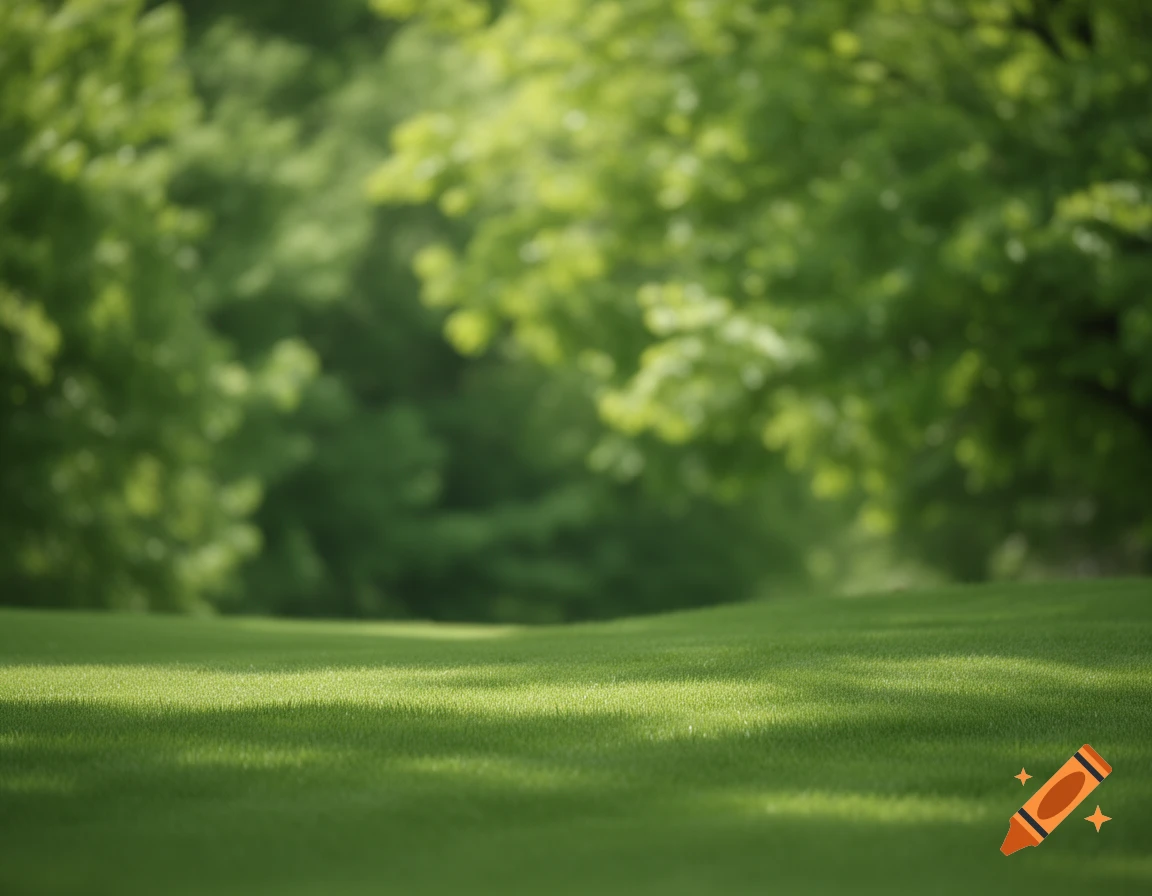 Vibrant green grass with dappled sunlight and soft shadows in the foreground, blurring into lush green trees in the background.