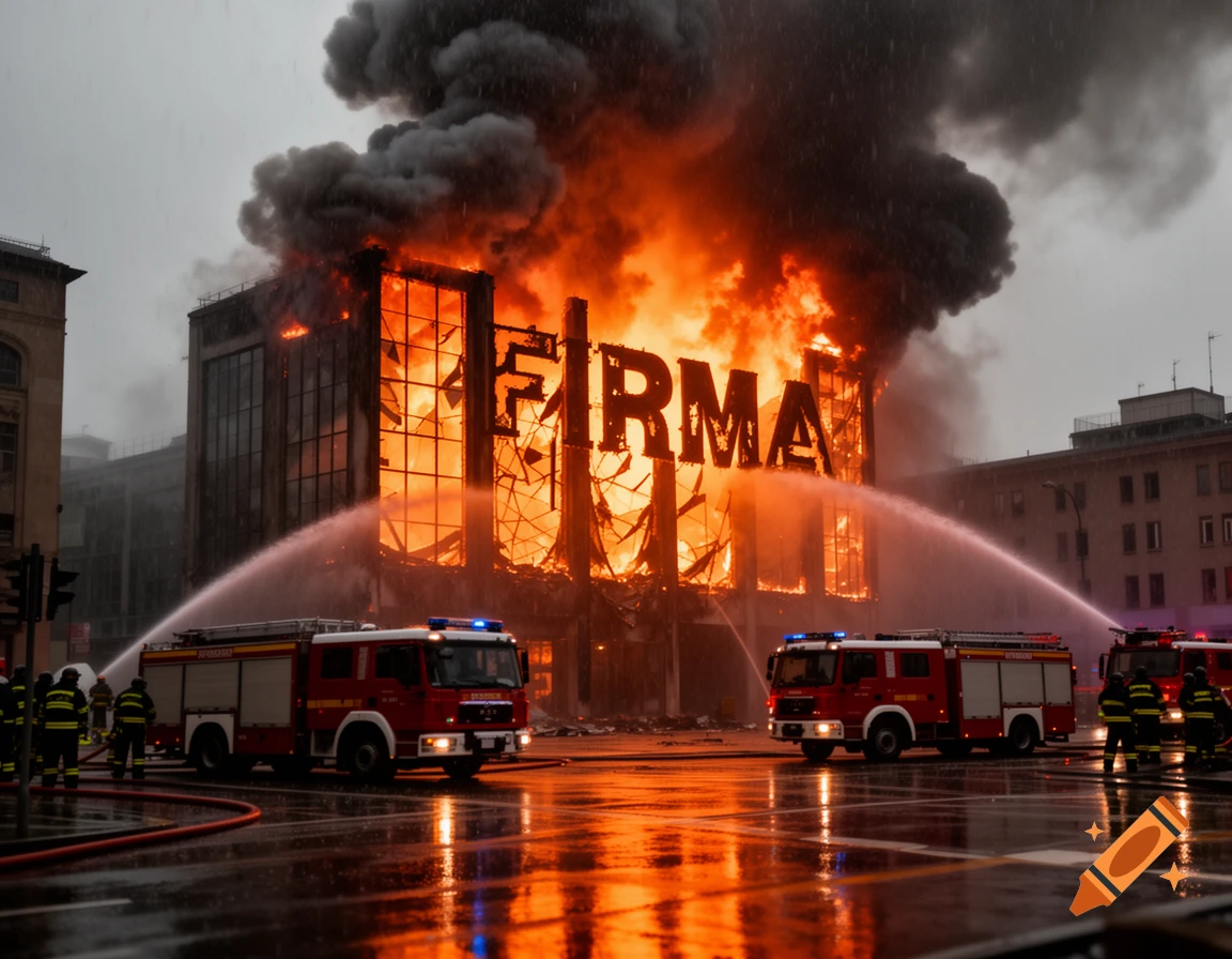 Firefighters battle a massive building fire with 'FIRMA' sign on a wet city street at dusk.