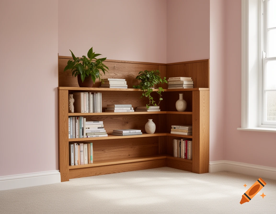 A wooden built-in corner bookshelf with books, plants, and vases, against light pink walls and a carpeted floor, next to a window.