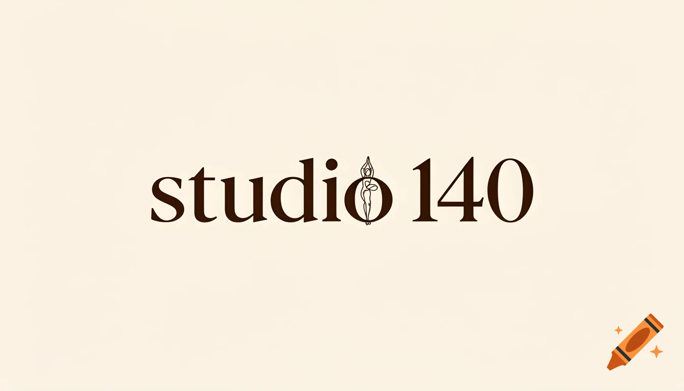 Elegant brown 'studio 140' text logo on cream background, with a stylized yoga figure integrated into the 'i' and '1'.