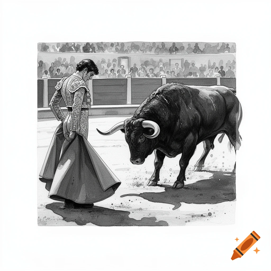 A black and white watercolor illustration of a bullfighter holding a cape, facing a large bull in an arena with spectators.