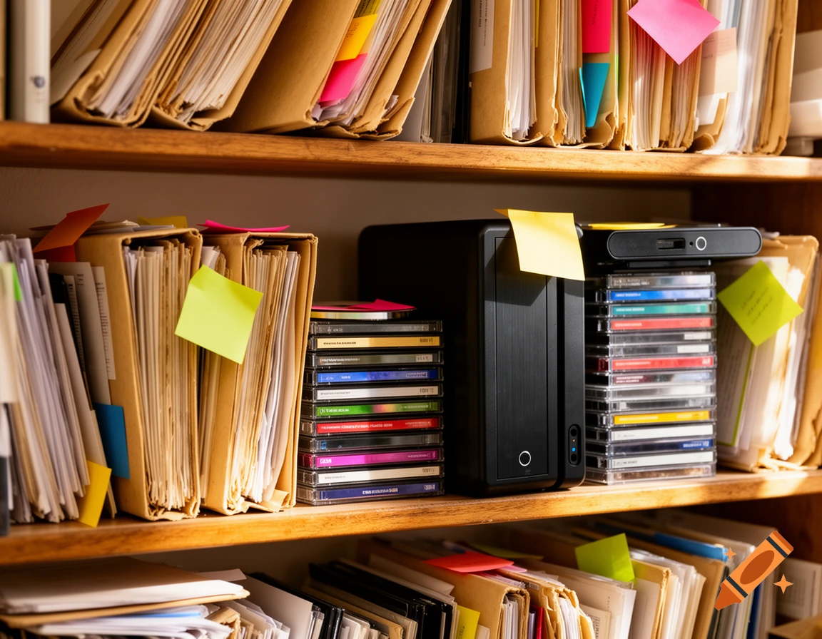 A cluttered wooden shelf filled with many paper files in brown folders, stacked CDs, and a black computer hard drive enclosure.