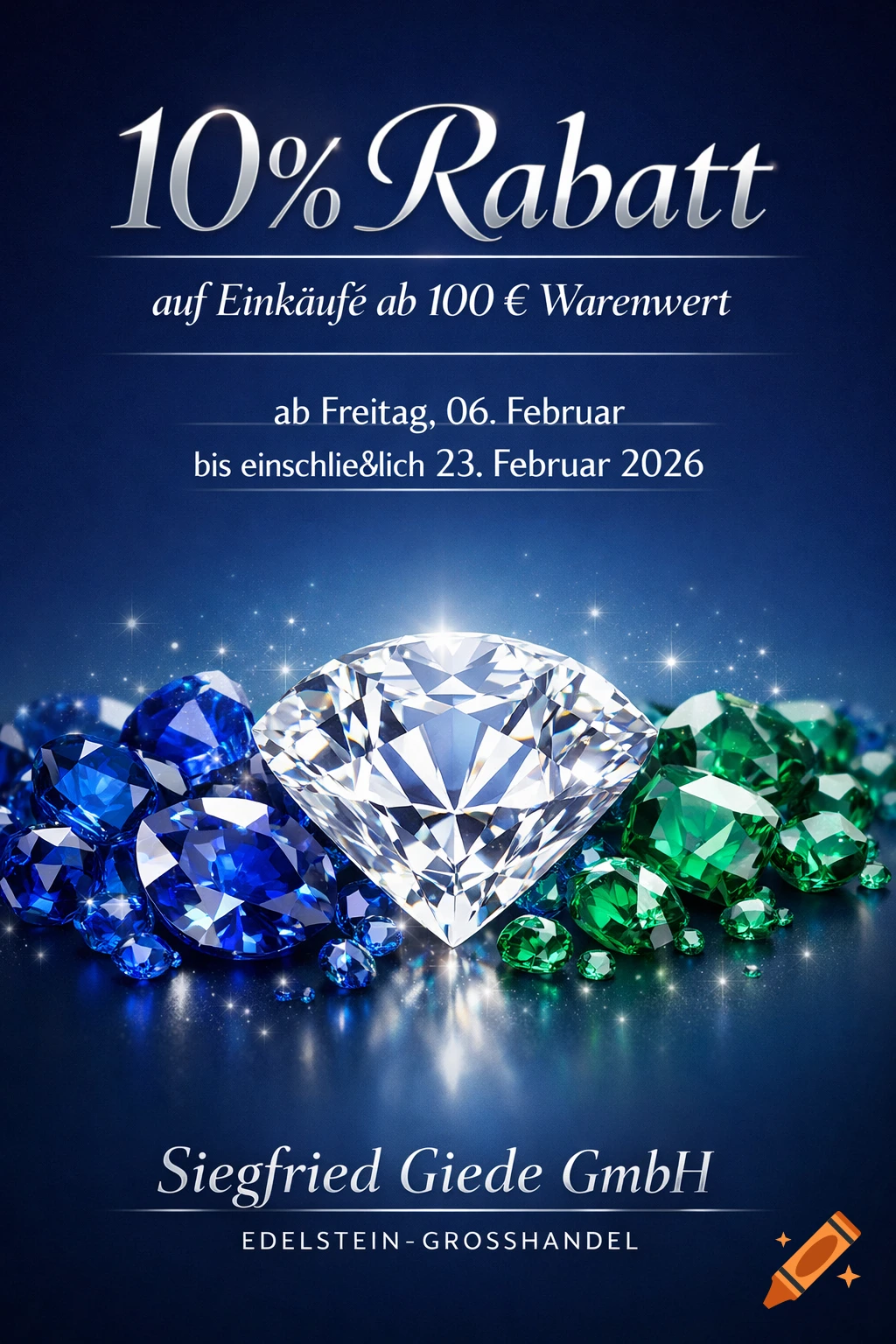 A brilliant diamond surrounded by blue and green gemstones on a dark blue background with German text about a 10% discount.