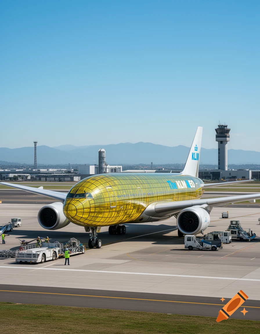A large passenger airplane with a yellow, grid-patterned glass fuselage and white wings sits on an airport tarmac under a clear blue sky, with airport vehicles and a control tower in the background.