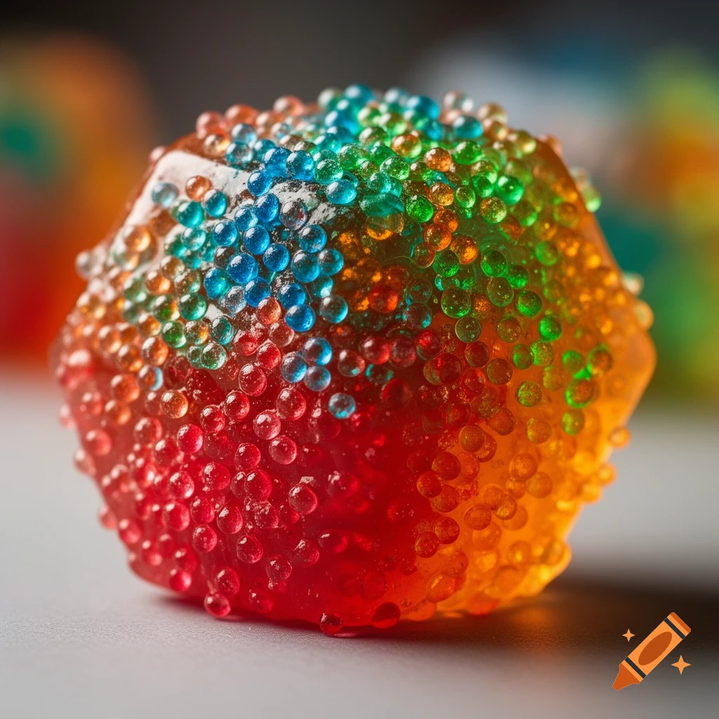 A vibrant, hexagon-shaped gummy candy gradient from red to yellow to green to blue, covered in small, shimmering candy spheres.