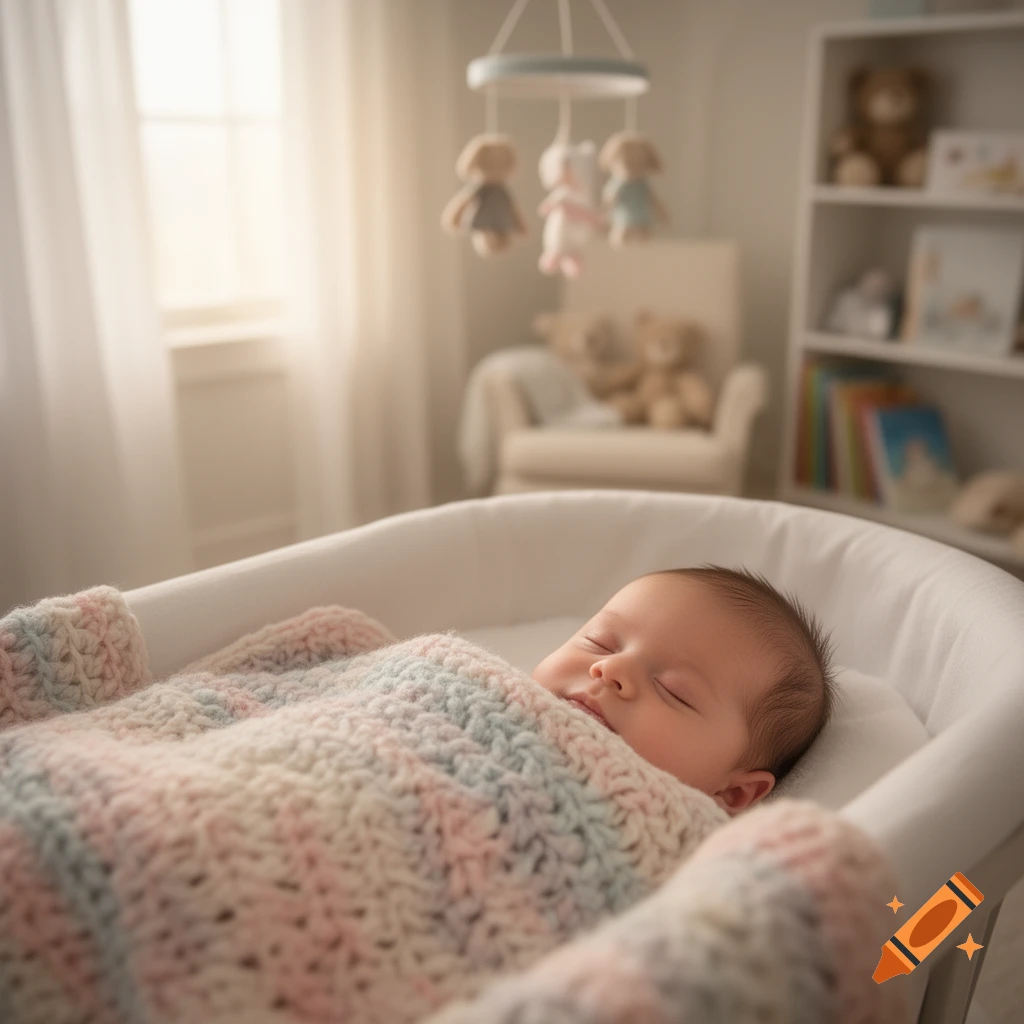 Photorealistic image of a sleeping baby in a white bassinet, covered by a pastel striped blanket, in a bright nursery.