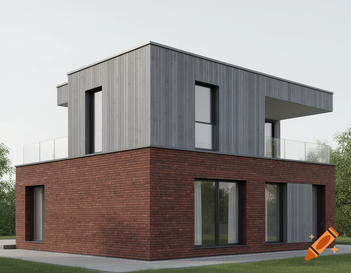 A modern cubic house with a red-brown brick lower level and a grey wooden paneled upper level, featuring large dark-framed windows and a glass-railed balcony.