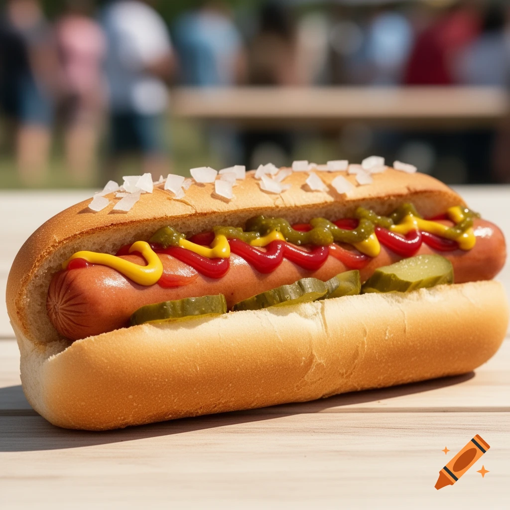A close-up, photorealistic hot dog in a bun, topped with mustard, ketchup, pickles, and chopped white onions, on a wooden table.