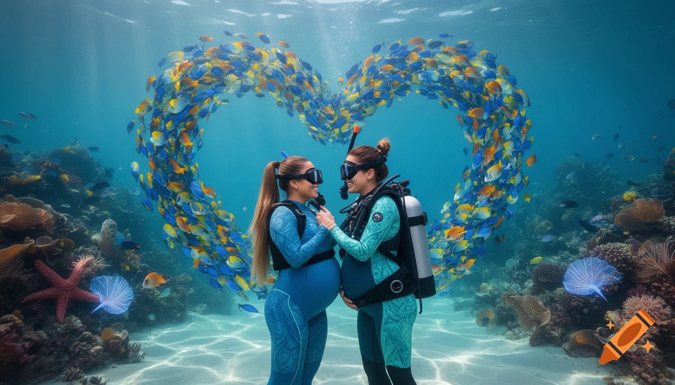 Two pregnant women in scuba gear hug underwater, surrounded by a heart-shaped school of colorful fish over a coral reef.