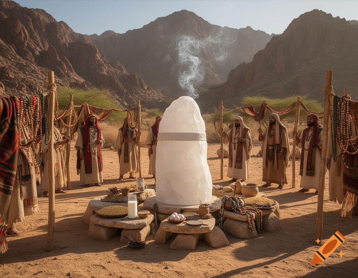 Photorealistic image of tribal worshippers performing a pre-Islamic ritual around a white quartz stone altar in a desert mountain landscape.