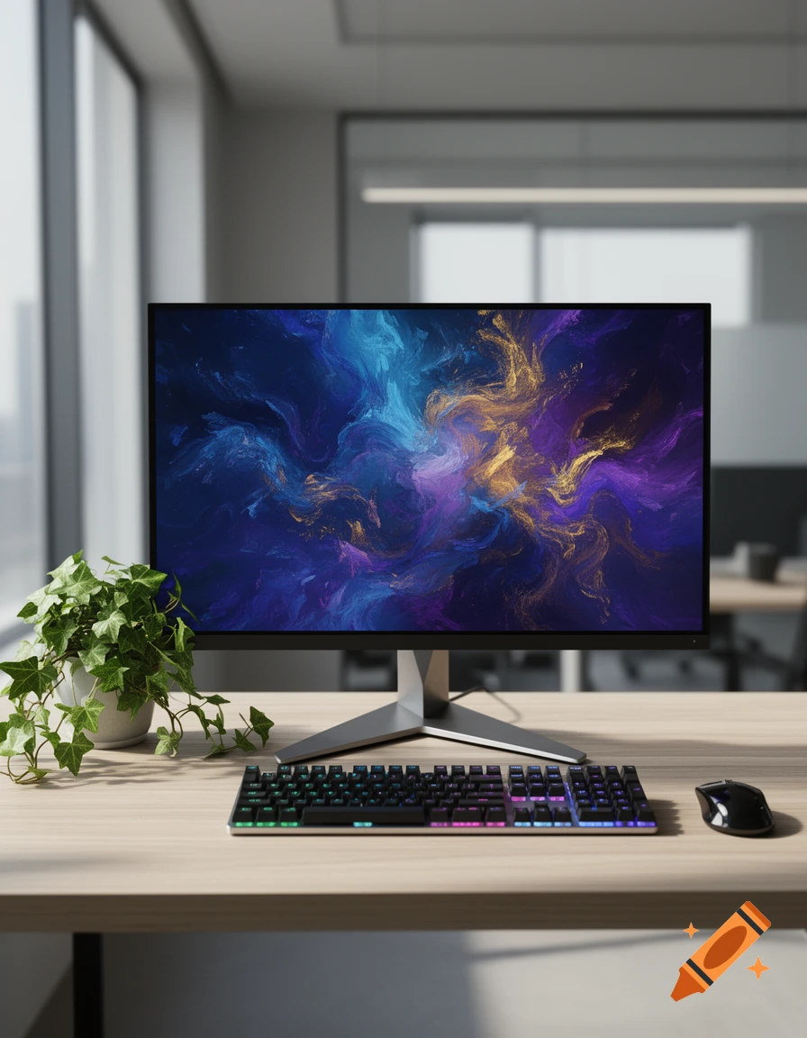 A modern computer setup with a monitor displaying an abstract galaxy design, a colorful keyboard, a mouse, and a plant on a light wooden desk in an office.