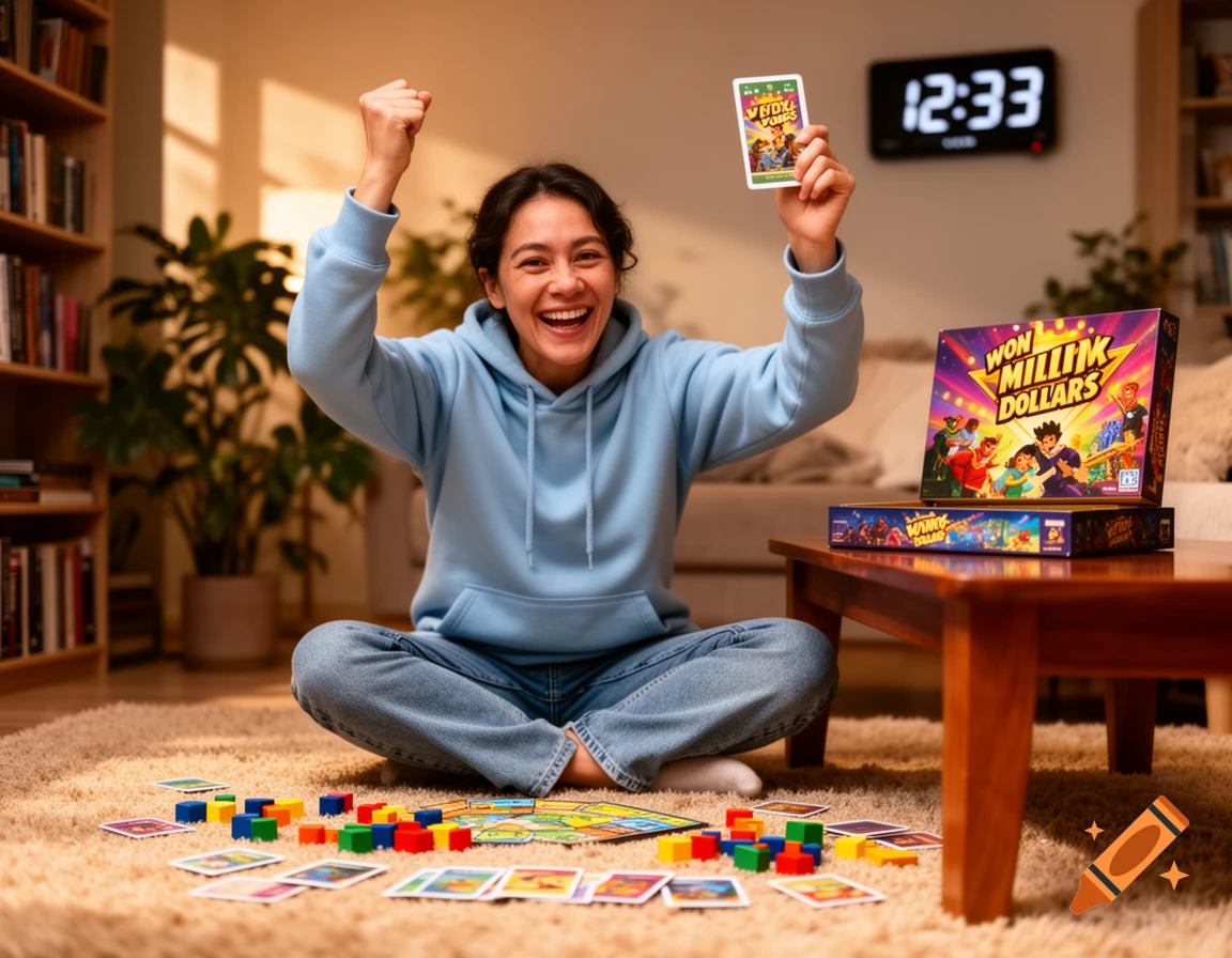 A person happily celebrates winning a board game in a living room, holding a game card.
